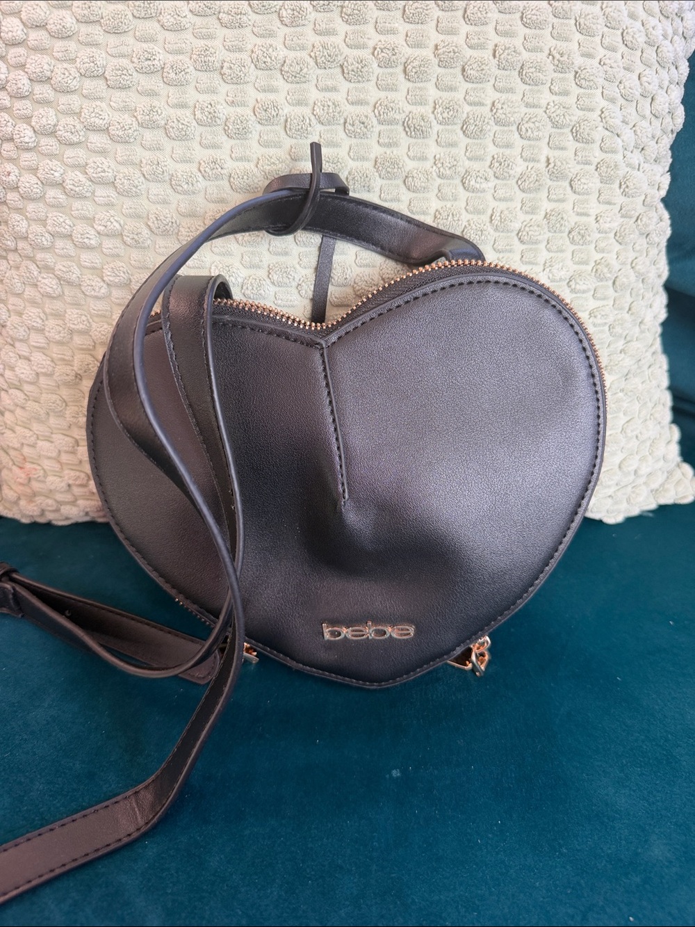 bebe Black Heart-Shaped Crossbody Bag with Gold Accents